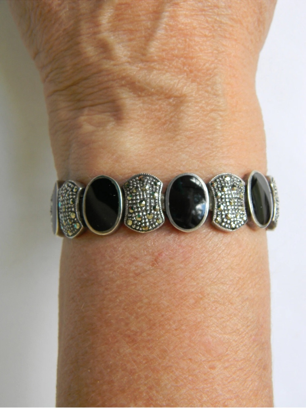 Vintage Silver-Tone Bracelet with Black Onyx and Marcasite